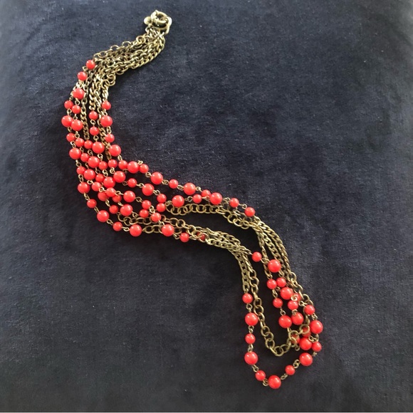 J CREW Long 3-Strand Beaded Poppy Red & Antique Gold Toned Necklace - Picture 6 of 10